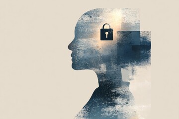 Mental security lock key cityscape double exposure conceptual psychology privacy protection surreal.