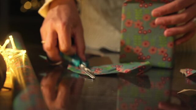 Festive Wrapping Materials with String and Decorative Illuminations