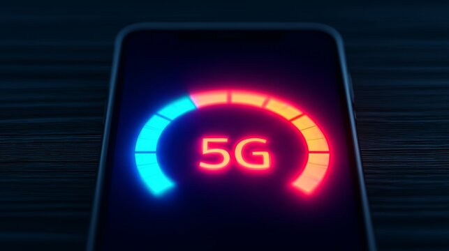A smartphone displays a vibrant 5G speed indicator, highlighting advanced connectivity with blue and red color contrasts on a dark background.