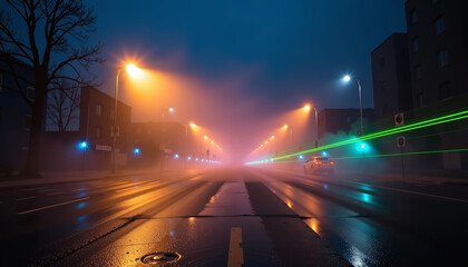 Mysterious foggy night scene with neon lights and laser beams urban street photography atmospheric wide angle surreal concept