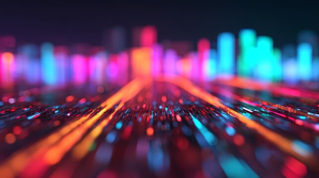 A vibrant, abstract representation of digital data, showcasing colorful lines and bars in motion, suggesting energy and technology.