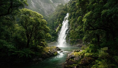 Fototapeta premium Lush waterfall cascading into a tranquil stream nestled within a dense, verdant forest