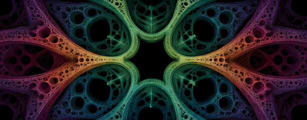 Abstract tessellation of skeletal patterns with neon glow, vector symmetry with split-complementary palette, seamless motif