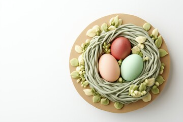 Colorful decorative nest with elegantly crafted eggs and delicate floral accents for spring celebrations and festive gatherings