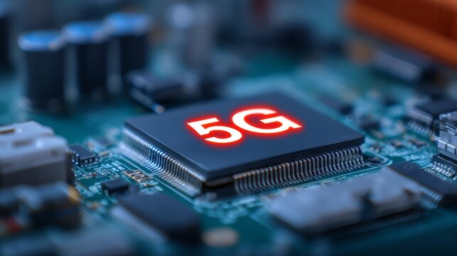 A close-up image of a computer chip featuring a prominent "5G" label, highlighting advancements in technology and telecommunications.