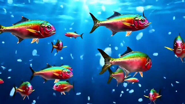 Underwater scene with sunlight rays breaking through the surface, colorful fishes swimming, smooth floating particles, high resolution wallpaper style.