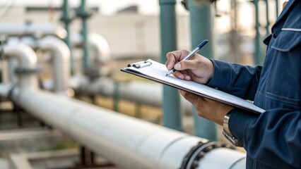 Engineer holding clipboard with pen near industrial pipes industrial setting close-up view for quality control documentation