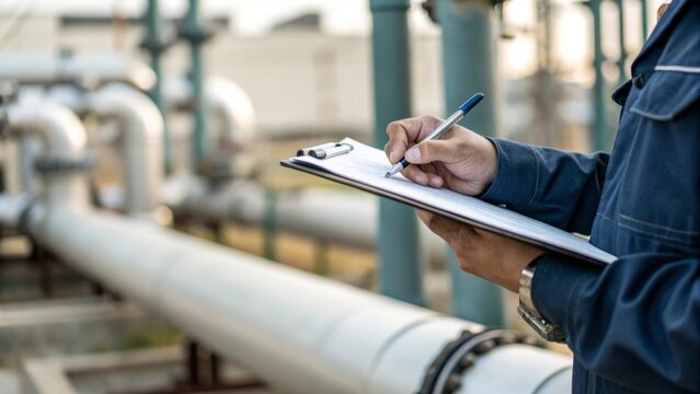 Engineer holding clipboard with pen near industrial pipes industrial setting close-up view for quality control documentation