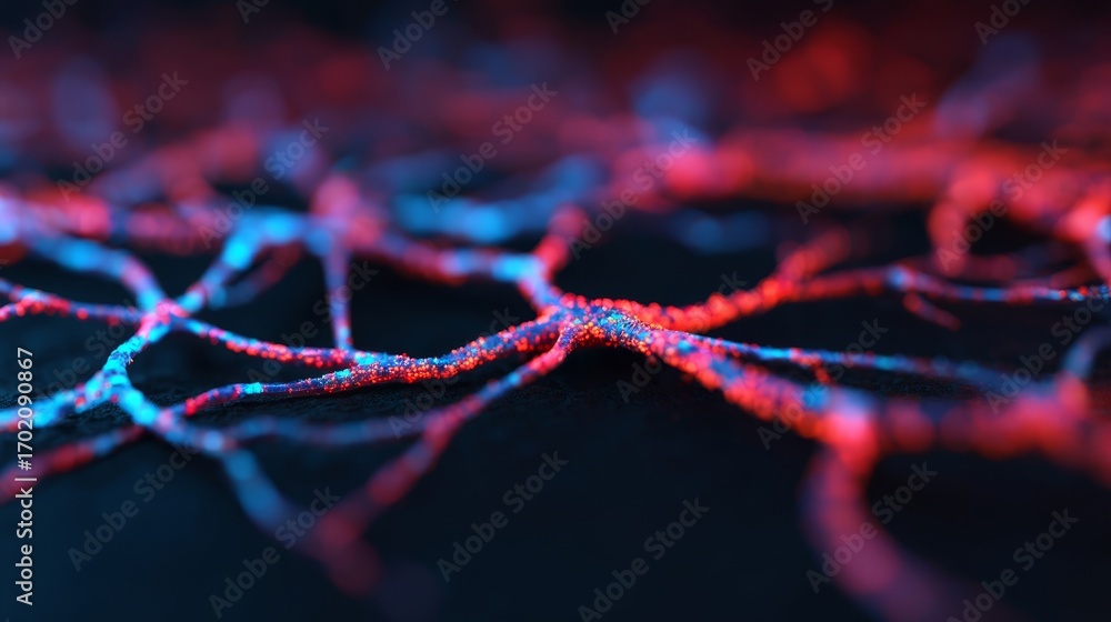 Poster a vibrant, abstract representation of interconnected neural pathways, showcasing a blend of red and 