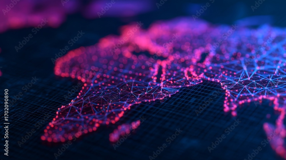 Poster a vibrant, digital depiction of a map highlighting africa with connected nodes in pink and blue tone