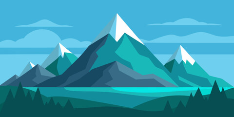 Serene Teal Mountain Landscape Flat Design Illustration