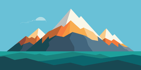 Geometric Mountain Landscape Serene Teal Waters, Warm Hues