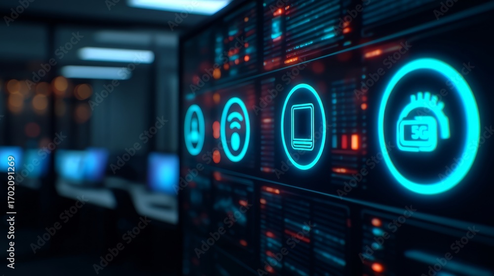 Poster a digital interface displaying futuristic icons related to technology, connectivity, and data analys