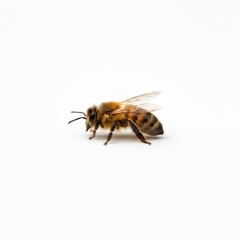 Honey bee standing on a white background in a studio setting showing wings, body parts and details of the insect, in a close up macro shot .