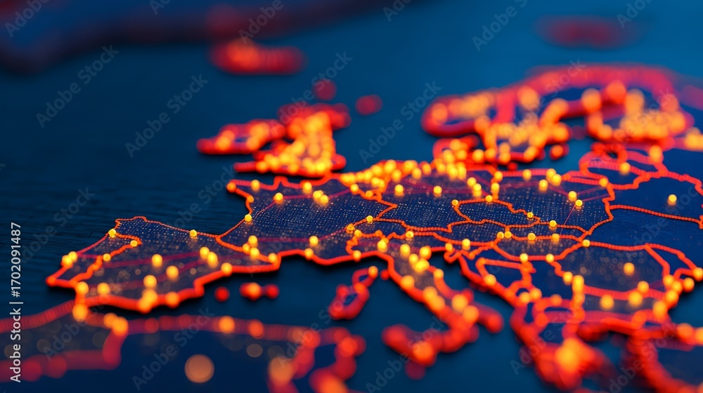Poster a close-up view of a illuminated map of europe, showcasing vibrant orange points that represent loca
