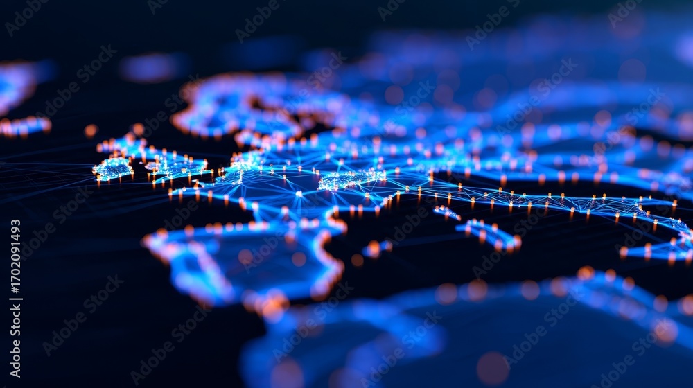 Poster a digital representation of a networked map of europe, showcasing interconnected points illuminated 