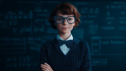 A young student with glasses stands confidently in front of a chalkboard filled with mathematical equations, embodying intelligence and curiosity.