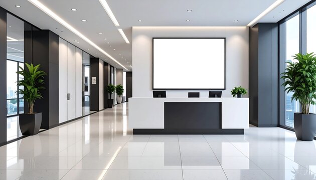 Modern Office Reception Area with Blank Screen for Branding or Info Display.
