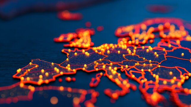 A close-up view of a illuminated map of Europe, showcasing vibrant orange points that represent locations or data points across the continent.