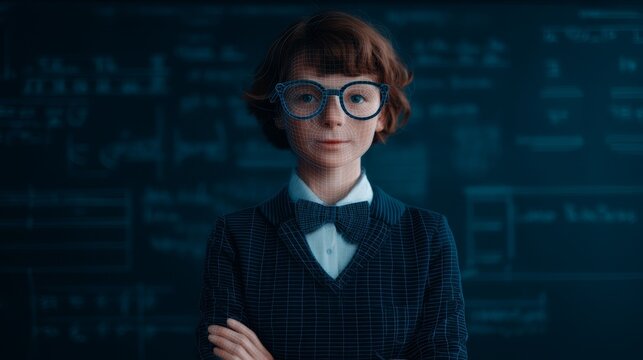 A young student with glasses stands confidently in front of a chalkboard filled with mathematical equations, embodying intelligence and curiosity. - Powered by Adobe