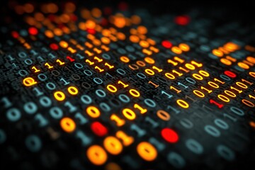 Close-up of glowing binary code with orange, red, and yellow highlights on a dark background