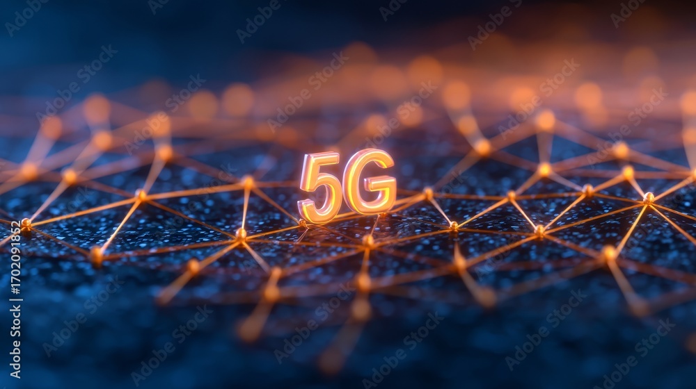 Poster a digital representation of a 5g network symbol, illuminated against a dark background with intercon