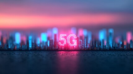 A vibrant city skyline illuminated with neon lights featuring a prominent "5G" sign, symbolizing advanced technology and connectivity.