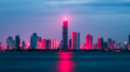 A vibrant city skyline at dusk, illuminated by colorful lights reflecting on the water, creating a captivating urban atmosphere.
