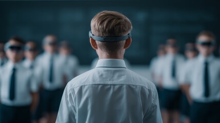 A group of students wearing virtual reality headsets stands in formation, with one student facing away, creating a scene of immersive learning or training.