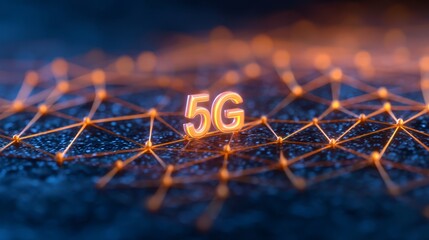 A digital representation of a 5G network symbol, illuminated against a dark background with interconnected nodes and lines.