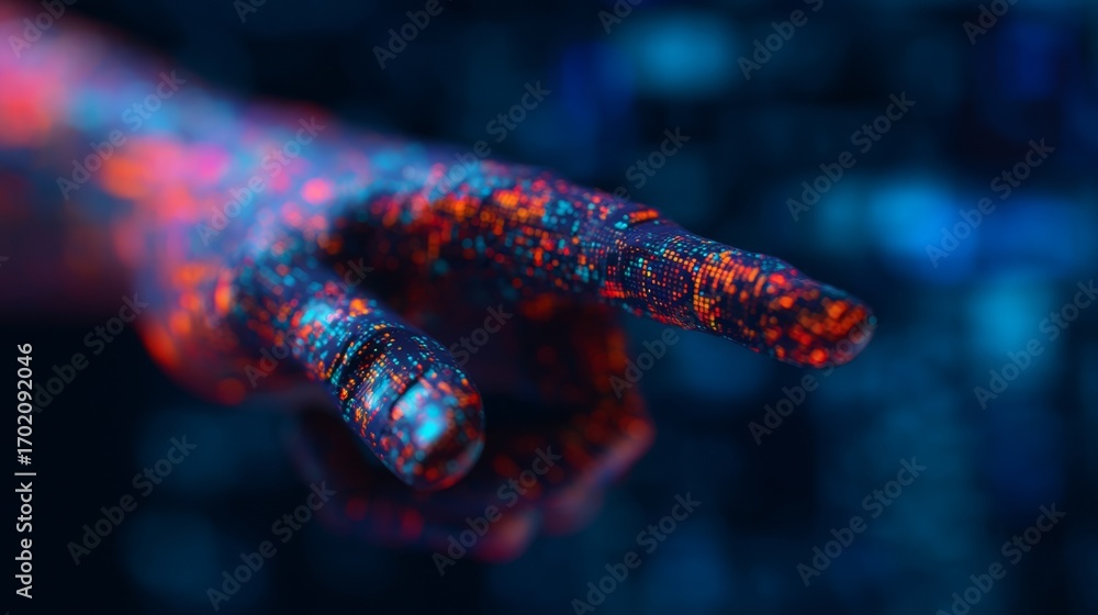 Poster a vividly illuminated hand is reaching forward, displaying intricate digital patterns in vibrant col