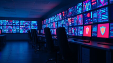 A high-tech control room filled with multiple monitors displaying vibrant data and security graphics, creating a futuristic atmosphere.