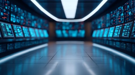 A high-tech corridor featuring glowing blue control panels and a sleek, modern design, evoking a futuristic technological environment.