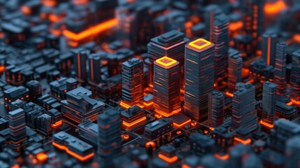 A futuristic cityscape featuring glowing orange and blue buildings set against a dark background, creating a high-tech, cyberpunk atmosphere.