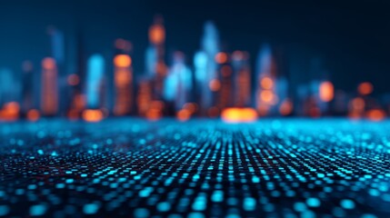 A futuristic cityscape with glowing blue dots creating a digital surface, set against a blurred urban skyline illuminated in warm colors.