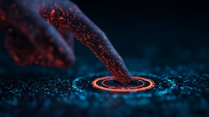 A digital hand reaches toward a glowing circle, surrounded by vibrant particles, illustrating the connection between technology and human interaction.