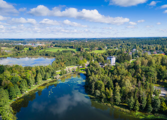 Obraz premium Puhajarve lake and GMP clubhotel. Estonian countryside landmark with lakes and islands. Aerial drone view of Puhajarv 