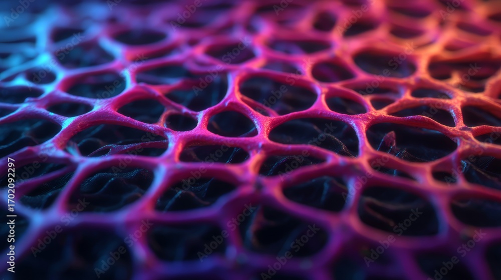 Poster a vibrant, abstract close-up of a textured surface showcasing interconnected patterns in shades of p