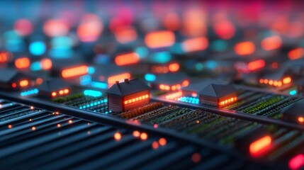 A vibrant, illuminated representation of miniature houses on a circuit board, merging technology with a cozy home aesthetic.