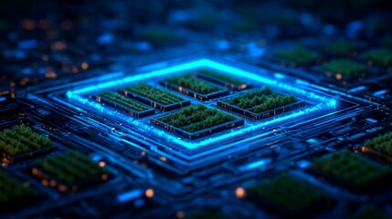 A futuristic representation of nature integrated with technology, showcasing greenery on a microchip-like structure illuminated by blue light.