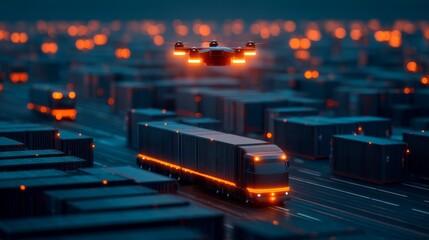 A futuristic scene featuring a truck and a drone operating in a vast shipping yard illuminated by glowing lights.