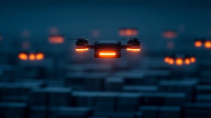 A sleek drone hovers in a dimly lit environment, illuminating its surroundings with orange lights, amidst a backdrop of abstract structures.