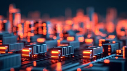 A futuristic cityscape featuring illuminated trucks on a digital roadway, set against a backdrop of glowing skyscrapers and vibrant colors.