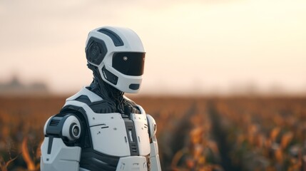 A humanoid robot stands in a field at sunset, showcasing the intersection of technology and agriculture in a serene landscape.