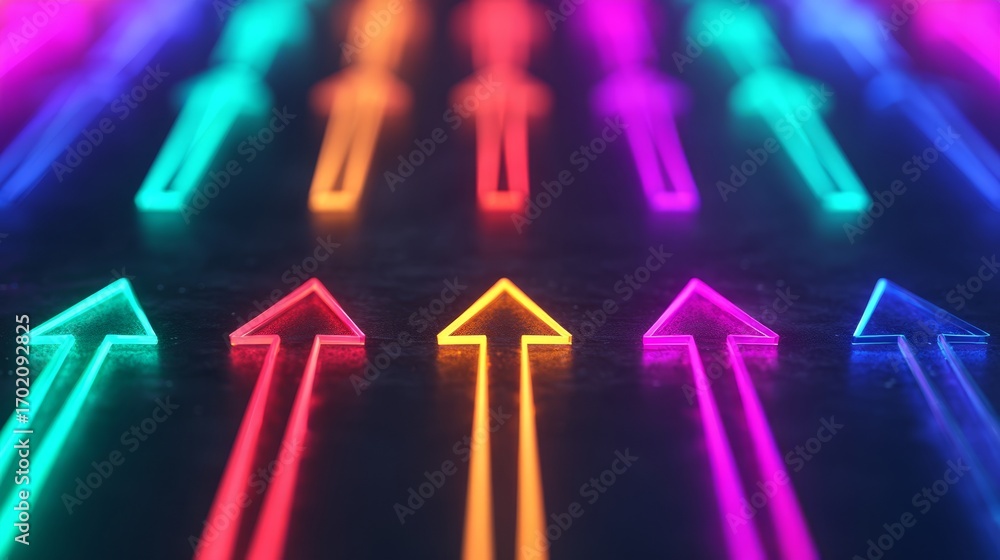 Poster a vibrant display of colorful neon arrows pointing upward, creating a dynamic and energetic visual p