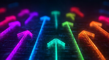 A vibrant digital graphic featuring glowing arrows in various colors, symbolizing direction and progress against a dark background.