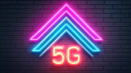 Neon sign displaying a stylized "5G" symbol with vibrant pink and blue colors against a dark brick background.