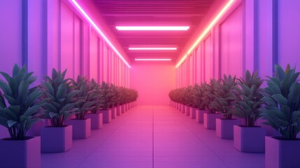 A vibrant corridor lined with potted plants, illuminated by purple and pink lights, creating a modern and serene atmosphere.