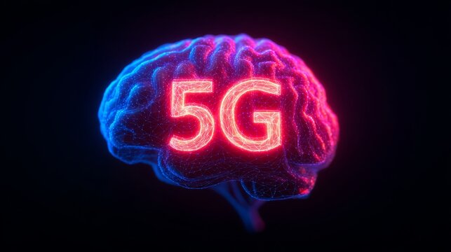 A vibrant brain graphic with glowing blue and pink effects, prominently featuring "5G" in the center, symbolizing advanced technology and connectivity.