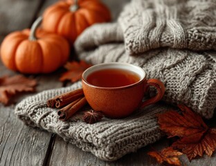 Cozy autumn scene teacup, pumpkins, knitwear, leaves, and spices on a wooden surface